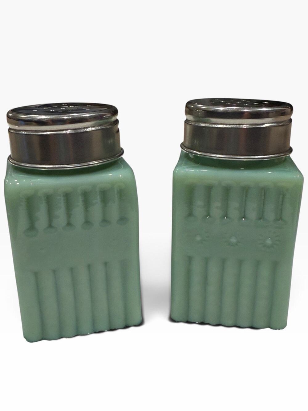 TPC Jadeite Green Milk Glass Salt & Pepper Shakers Ribbed Square Import Vintage